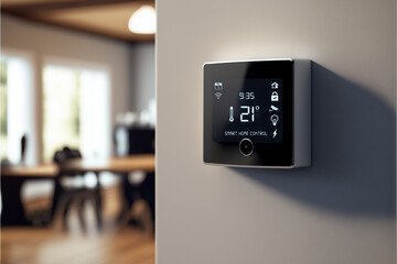 Smart Home control system on the wall. Thermostat for temperature adjustments, saving money on energy costs. AI generated - obrazy, fototapety, plakaty