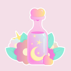 magical potion bottle sticker, mini bottles stickers, magical bottle, color potion bottle, love potions, poison, pink cute bottles, bottles with elements inside, moon, stars, flower decor