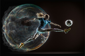 A futuristic young female soccer player hologram playing with a soccer ball. Generative ai