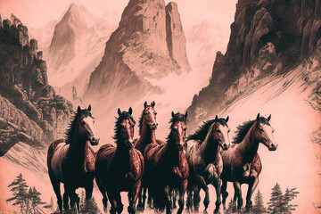 3d illustration six horse on Chinese hill background of successful unique wall paintings (ai generated)
