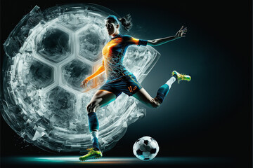 A futuristic young female soccer player hologram playing with a soccer ball. Generative ai