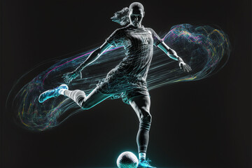 A futuristic young female soccer player hologram playing with a soccer ball. Generative ai