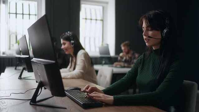 working day in call-center, tech support and telemarketing department, young woman portrait