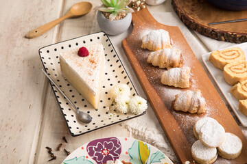 Tres leches wet cake Assorted peruvian desserts peru sweet food buffet table brunch