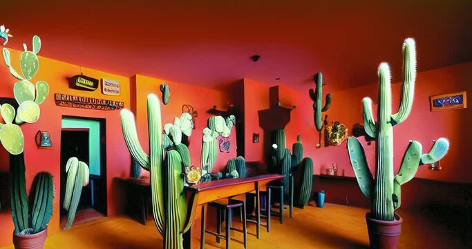 western saloon restaurant interior with large cactus everywhere magazine photo vivid realistic animation sharp spikey american