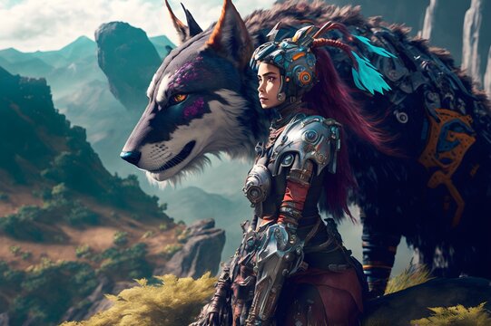 woman warrior and her wolf companion