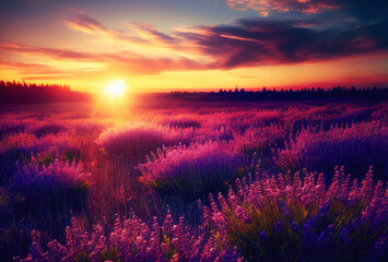 Sunset over a violet lavender field. Generative AI