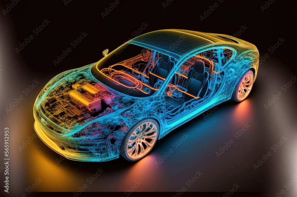 Poster virtual simulation of future electric car showing wireframe prototype model blueprint in display for