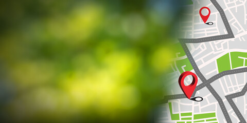 GPS navigation map or locator with blurred city green 