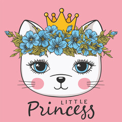 Princess. Cute cat girl with crown and floral wreath