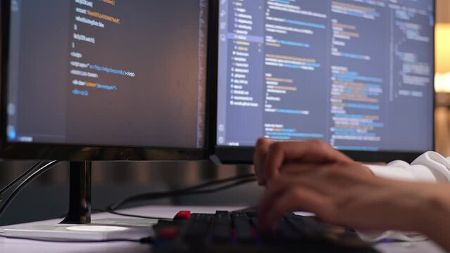 Close Up Of Female Programmer'S Hands Typing On Desktop Computer Creating Software Engineer Developing App, Program, Video Game At Home. Terminal With Coding Language 
