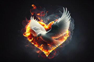 White dove flying from the shape of a heart made of flames, on a dark background. Generative AI - obrazy, fototapety, plakaty