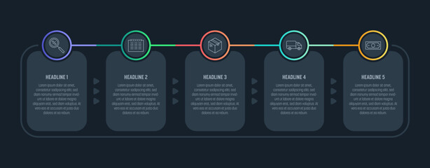 Dark Infographics with recurring process. Five steps and colorful elements. Thin line vector icons. Data graphs for flow charts, presentations and UI