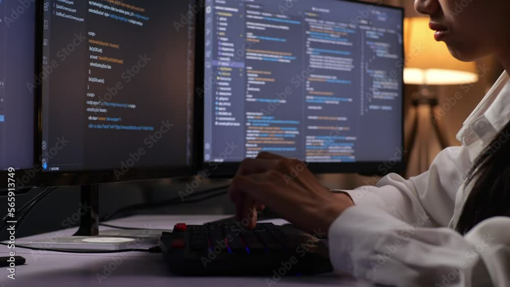 Wall mural close up of asian female programmer creating innovative software engineer developing app, program, v