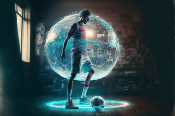 A futuristic young male soccer player hologram playing with a soccer ball at home. Generative ai
