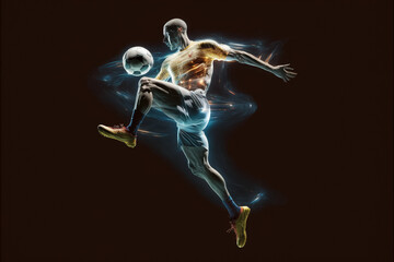A futuristic young male soccer player hologram playing with a soccer ball. Generative ai