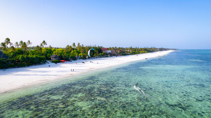 Aerial view from drone on tropical island with coconut palm trees and caribbean sea