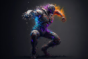 Obraz na płótnie Canvas Ecstatic dance of a cyborg with splash of colours. Artificial Intelligence and creative expression concept. Generative AI