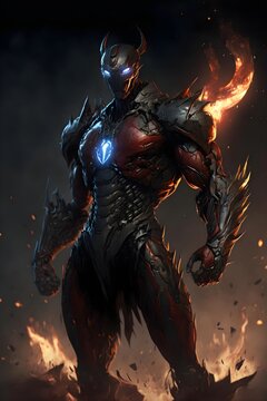 evil warrior made out of steel with superpowers and evil looking armor