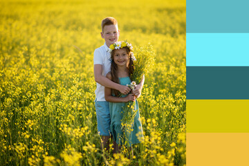 first love, teenage boy and girl walking in a field with flowers and holding hands, valentine's day, a boy gives flowers to his beloved girl, free flower samples