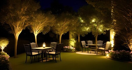 Fototapeta na wymiar Beautiful garden with modern furniture with candles and lanterns, lights, night time