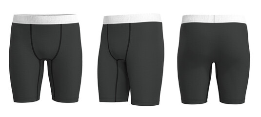  Black mens boxers mockup 3D rendering. White rubber band.