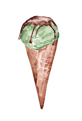 Pistachio ice cream in a waffle cone. Watercolor hand illustration