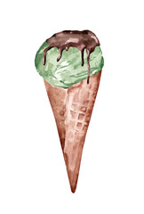 Pistachio ice cream in a waffle cone. Watercolor hand illustration