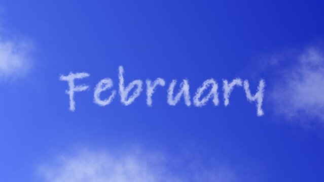 February Month Text or Word with Cloud Effect Symbol Animation on Blue Sky