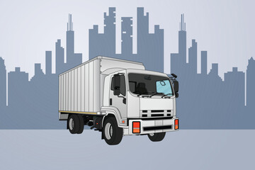Delivery truck and city background. Transport services, logistics, cargo truck illustration