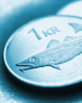 Icelandic 1 one crona coin closeup. National currency of Iceland. Light blue tinted vertical stories for news about economy or money. Loan and credit. Crown and central bank of Iceland. Macro