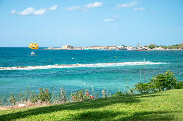 Obraz premium Vacation resorts on Cyprus near Paprhos with green grass, beach umbrellas, beds, beaches and palm trees, travel destination in EU, Cyprus