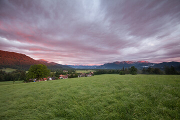 view at the isartal and karwendel mountains - Bad Toelz - Bavaria - alpenglow - sunset