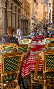 Tourist Destination, Views Of Houses And Traditional Bouchon Cafe In Old Central Part Of Lyon In Summer, France