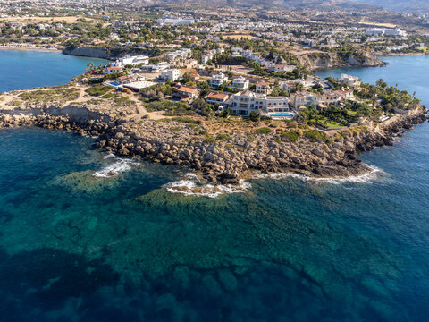 Aerial view on clear blue water of Coral bay in Peyia, Mediterranean sea near Paphos, Cyprus, Coral beach © barmalini
