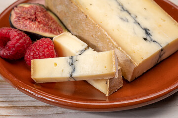 French semi-soft cow milk cheese morbier from Franche-Comte region with thin black layer and strong aroma