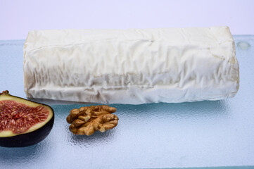 French organic matured white goat cheese with white rind close up