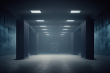 Dark empty large room, dim light, blue tint, mist, background