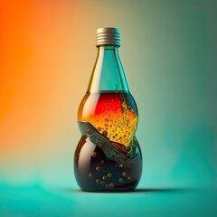 A glass bottle with a carbonated drink on a bright background. Generative AI