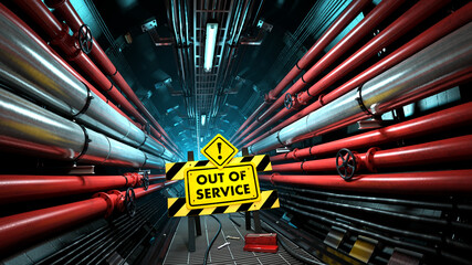Closed red industrial service tunnel with out of service sign