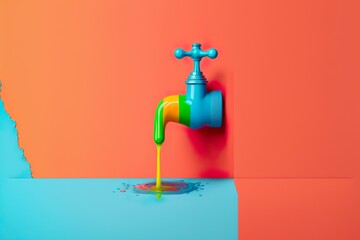 Illustration of colorful faucet from which liquid flows. Generative AI