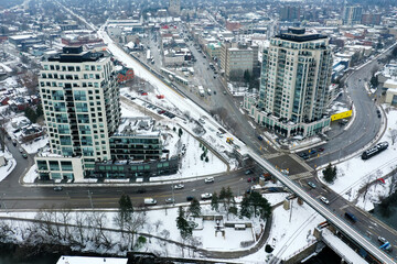 Aerial scene of Guelph, Ontario, Canada in winter