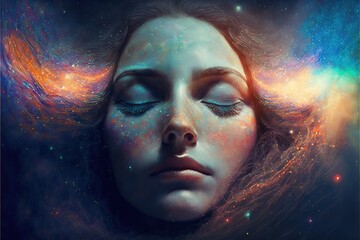 Lucid dreaming astral projection close up woman meditation illustration generative ai - obrazy, fototapety, plakaty