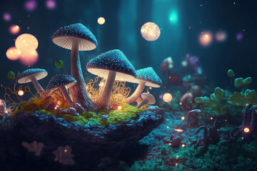 Fototapeta na wymiar Scene with mushrooms in the magic forest. AI Generative