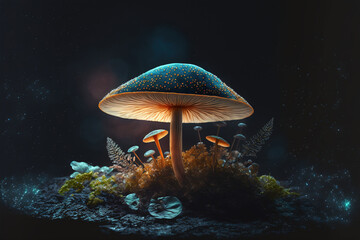 Fototapeta na wymiar Beautiful mushroom in the night. AI Generative