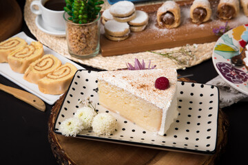 Tres leches wet cake Assorted peruvian desserts peru sweet food buffet table brunch