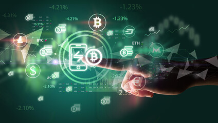 Business person hand pushing currency symbol on multimedia touch screen