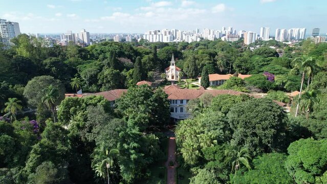 Aerial view of Parque Vicentina Aranha, in Sao Jose dos Campos, Brazil. Chapel and Old Sanatorium.