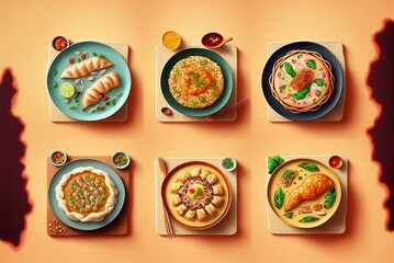 Set of delicious Chinese food. Set of tasty Chinese dishes on color background.