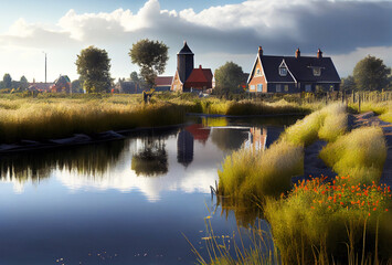 Naklejka na ściany i meble Netherlands landscape with pond and small city. Generative AI Art. Beautiful view.